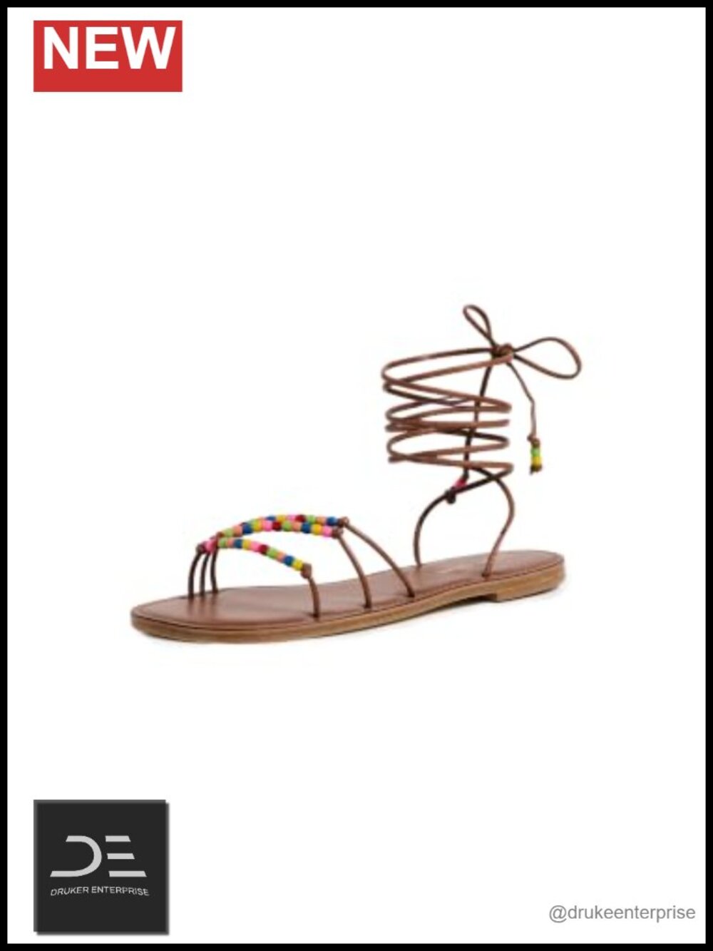 Beaded Ankle Strap Flat Sandals Wraparound Calfskin Leather